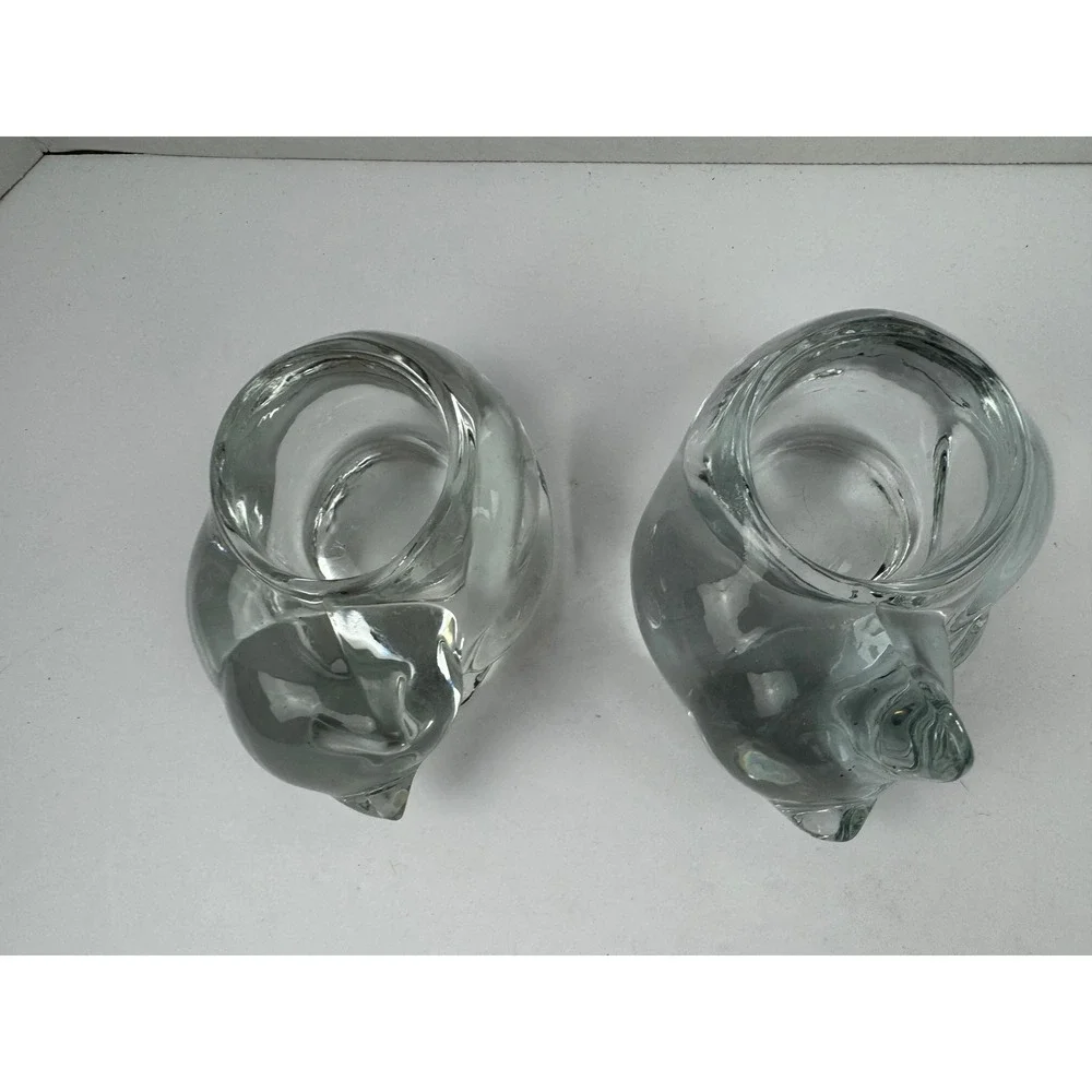 Vintage Indiana Glass Clear Sleeping Cat Votive Tea Light Candle Holders Set 2